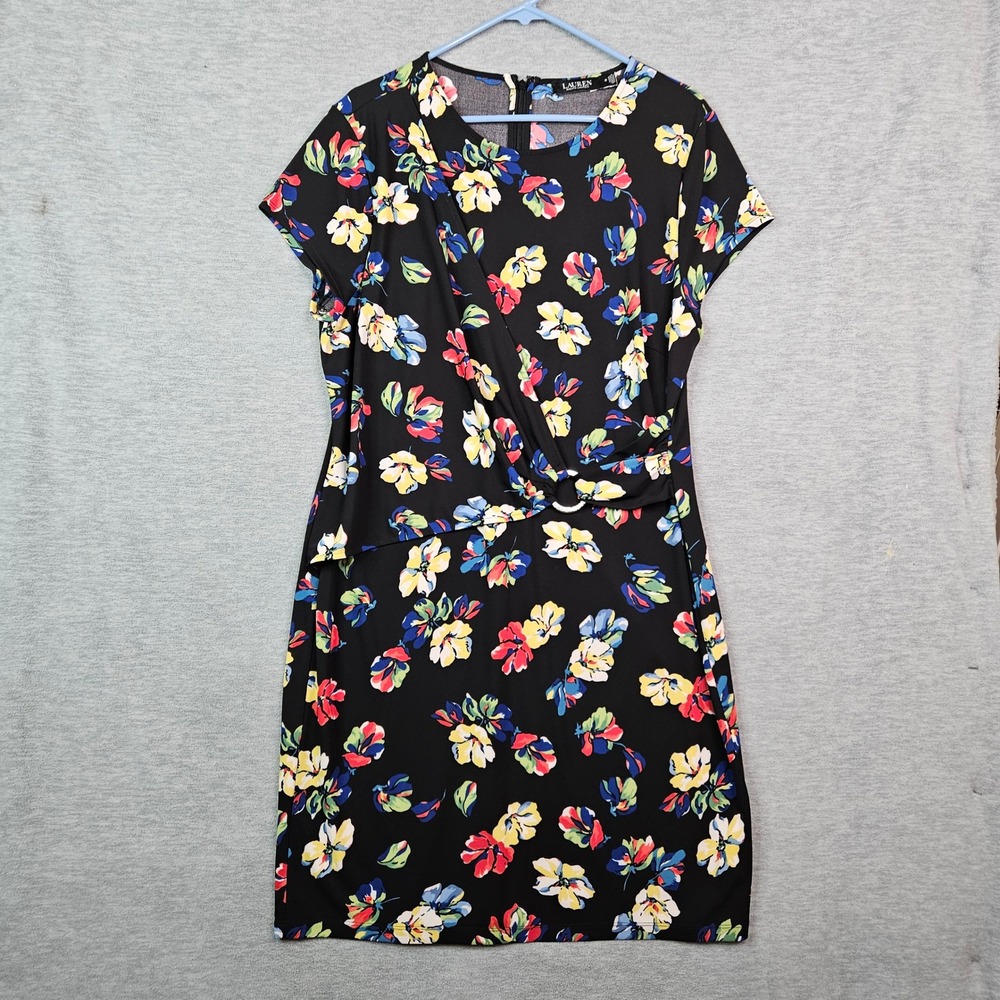 Lauren Ralph Lauren Womens 16 Floral Faux Wrap Sheath Dress Multi Short Sleve